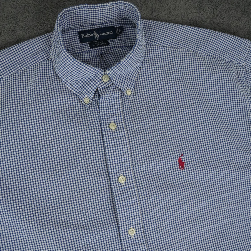 Ralph Lauren Button Down Seersucker Shirt Mens L Blue Gingham Blake Short Sleeve